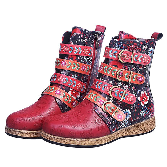 Women's Vintage Print Warm Waterproof Leather Boots