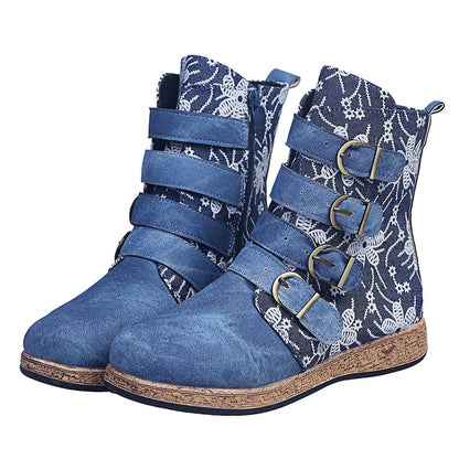 Women's Vintage Print Warm Waterproof Leather Boots