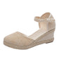 Women's Vintage Linen Casual Ankle Strap Backless Heeled Sandals