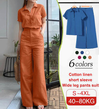 Lapel Cotton Linen Solid Color Short Sleeve Wide Leg Pants 2-piece Set