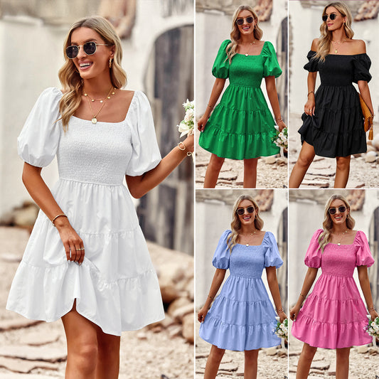 Short-sleeved square neck French style dress