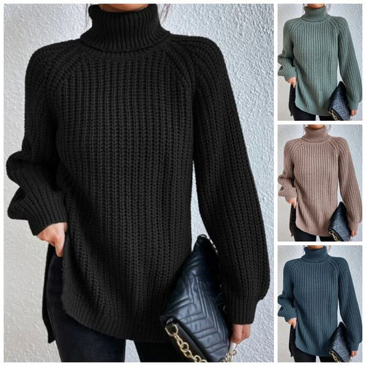 Cotton Turtleneck Raglan Sleeve Split Hem Sweater