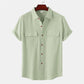 Men's solid colour casual cotton linen short sleeve shirt