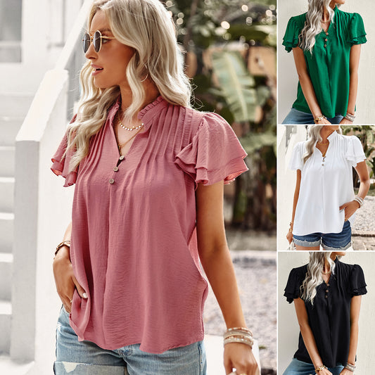 Summer V-neck ruffle short-sleeved shirt