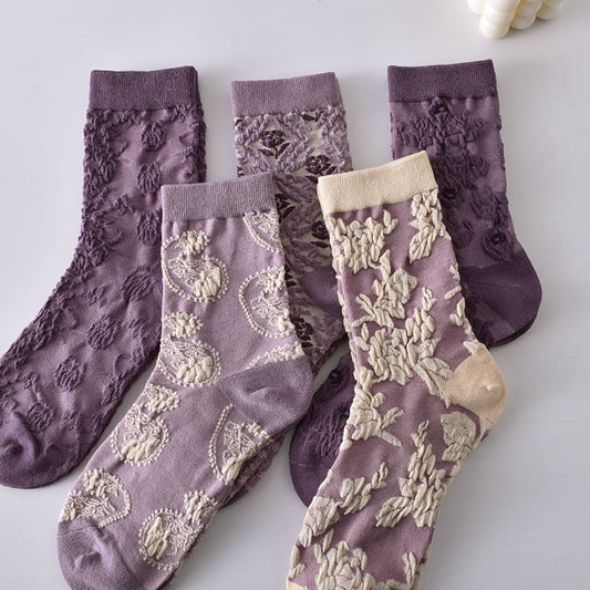 10 Pairs Women's Purple Vintage Floral Cotton Socks