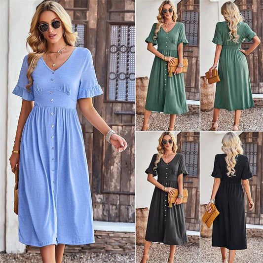 Solid Color V Neck Short Sleeve Dress