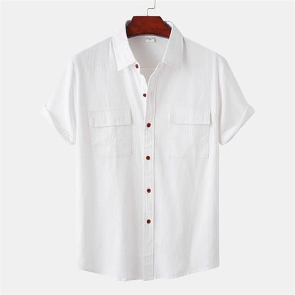 Men's solid colour casual cotton linen short sleeve shirt