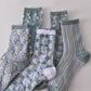 10 Pairs Women's Blue Elegant Embossed Floral Cotton Socks