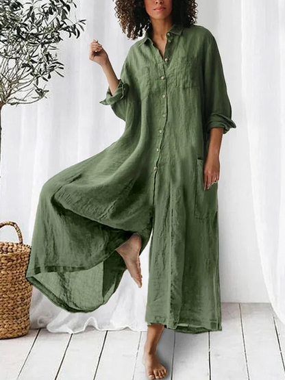 Solid Color Long-Sleeved Loose Wide-Leg Jumpsuit